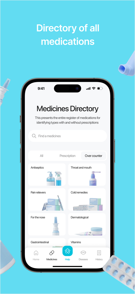 EduMed Plus - Pantalla del directorio de medicamentos de la aplicación móvil EduMed Plus que muestra varias categorías de medicamentos como antisépticos y analgésicos.