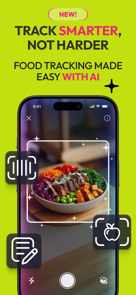 Resilient: strength workouts - Smartphone screen showing the Resilient app AI food tracking feature scanning a healthy meal