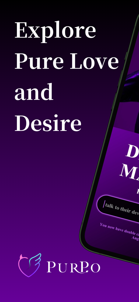 Purpo dating app promotional screen with the text Explore Pure Love and Desire
