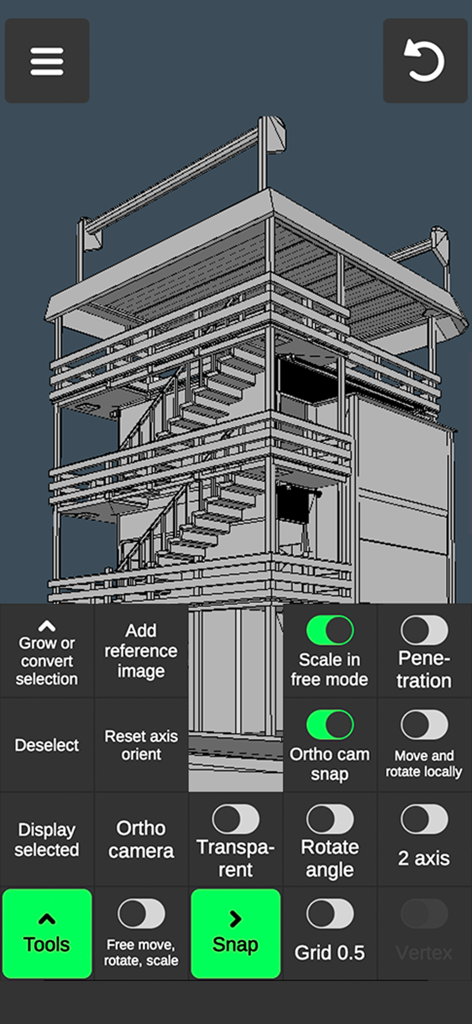 A 3D architectural model of a tower being designed in a mobile app with professional modeling tools