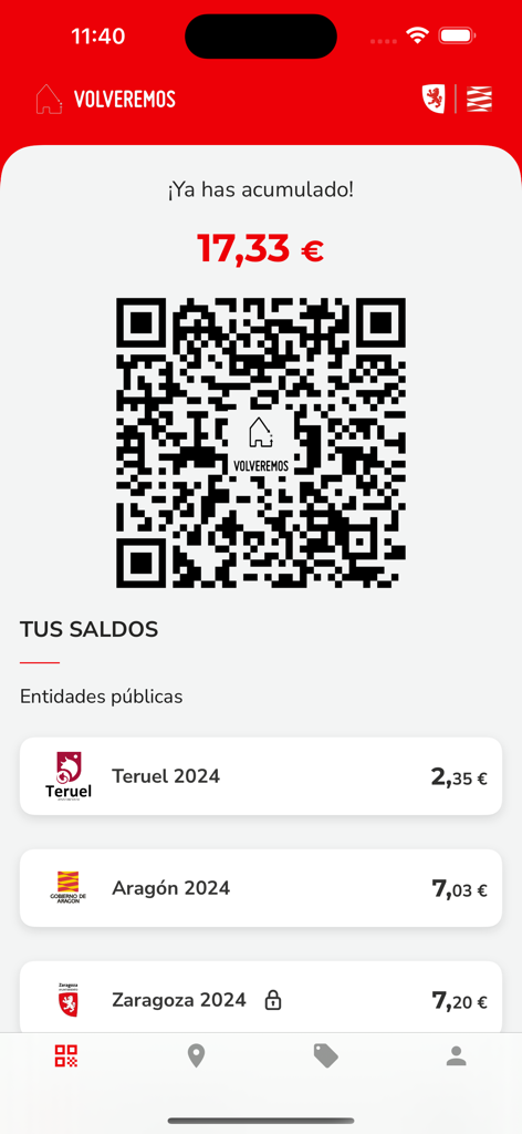 Volveremos - QR 코드와 다양한 지역의 누적된 캐시백 잔액을 보여주는 Volveremos의 모바일 앱 인터페이스