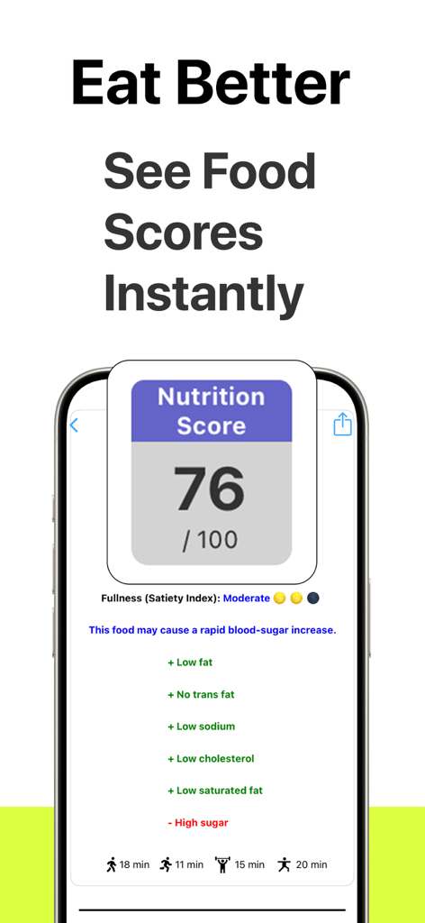 iPhone display of Yucca app food nutrition score and health insights