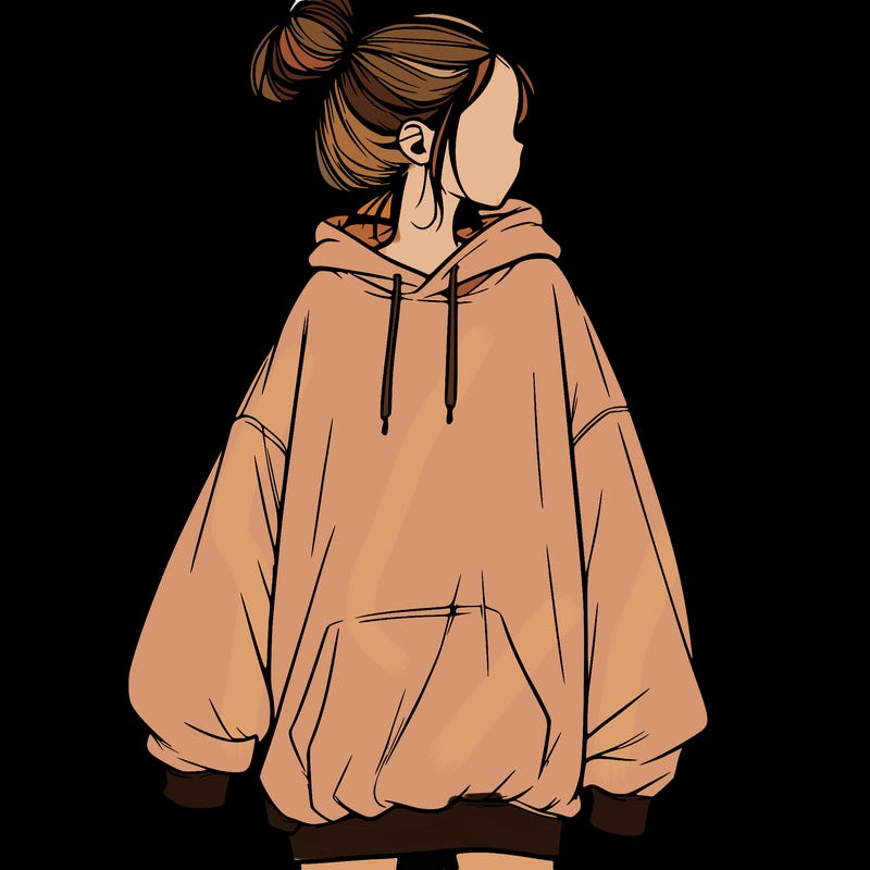 realistic girl with a oversized sweatshirt on and a bun