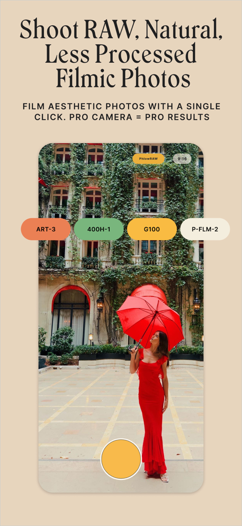 Phlow: Camera & Photo Editor - Phlow app interface displaying pro camera features and film aesthetic filters