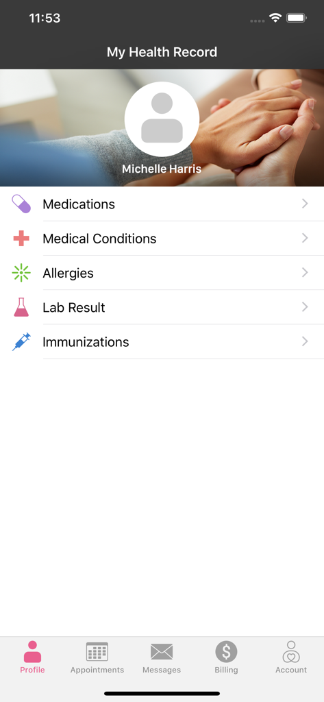 DrChrono OnPatient Portal - Mobile app screen for DrChrono OnPatient Portal showing the My Health Record dashboard with categories for medications, conditions, and allergies.