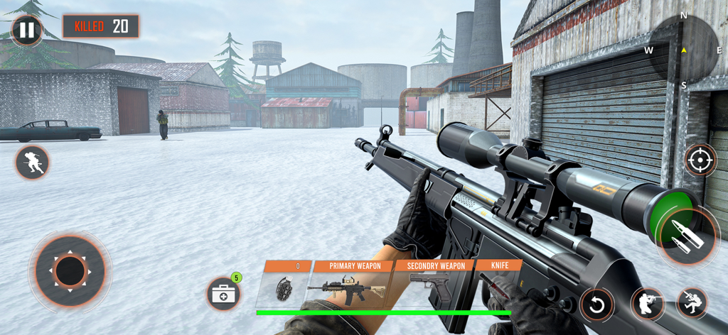 FPS Gun Shooting Game 2024 - Perspectiva en primera persona de un rifle de francotirador en un nivel industrial nevado