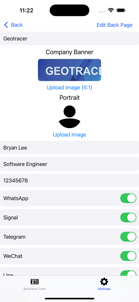 Smart Business NameCard - The profile editing screen of the Smart Business NameCard app featuring contact details and social media messaging toggles.