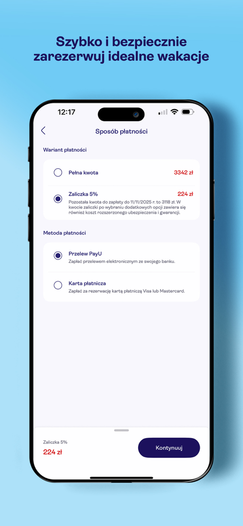 TUI (PL/CZ) - TUI app checkout screen showing options for full payment or deposit and different payment methods like PayU or credit card.