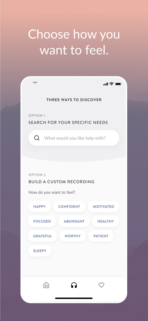 검색창과 맞춤 최면 녹음 선택 버튼이 있는 Grace 앱 탐색 화면