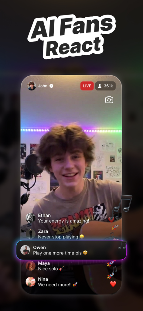 Famefy - Uma transmissão ao vivo simulada no Famefy mostrando um criador tocando violão com comentários de fãs gerados por IA e alta contagem de espectadores.