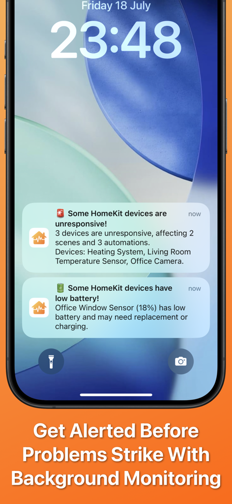 iPhone lock screen showing notifications for unresponsive smart home devices and low battery alerts