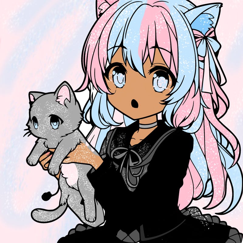 an anime girl holding a kitten