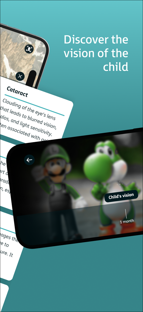 Visions - Visions-App-Oberfläche, die die Entwicklung der Babysicht und die Katarakt-Simulation zeigt