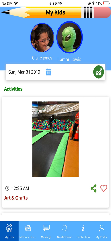 A screenshot of the myKidzDay app displaying student profiles and a photo update of a childcare activity.