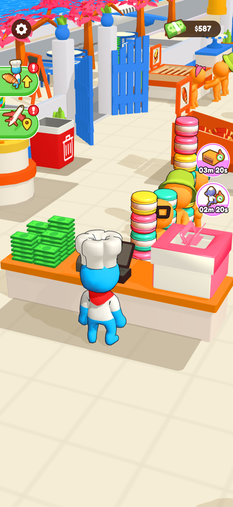 My Sweet Bakery! - A chef character serving customers at a bakery counter with stacks of colorful pastries