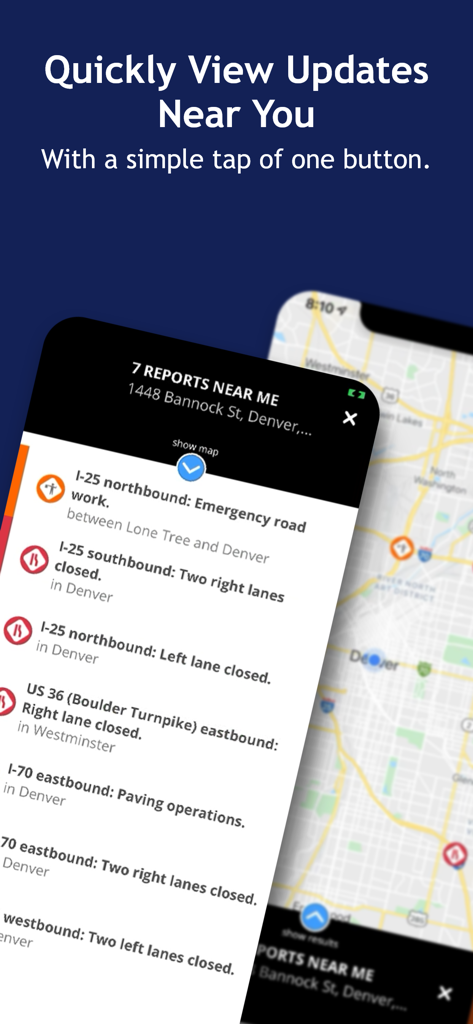COtrip Planner - COtrip Planner app interface showing local traffic reports and road closures in Denver Colorado