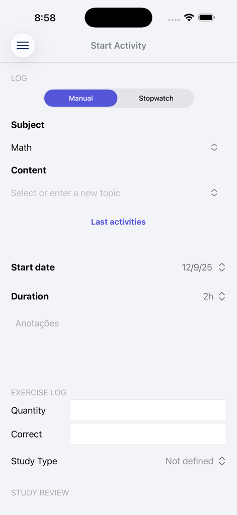 Aprovado - Aprovado app interface showing the manual study activity log screen with fields for subject duration and exercise results