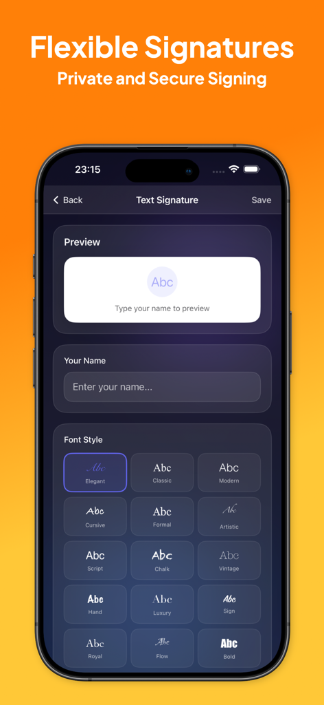 Signature Maker - eSign Create - Mobile app interface showing different font styles for creating a personalized text signature