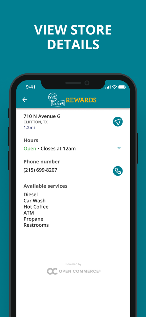 Yesway & Allsup’s Rewards - Screenshot of the Yesway and Allsups Rewards app showing store details including address, hours, and available services like diesel and car wash