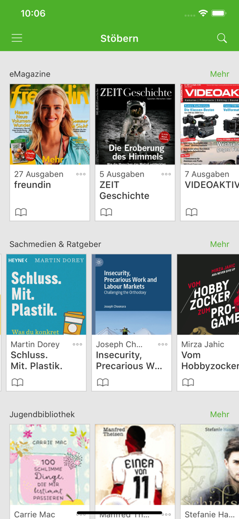 The browse screen of the Onleihe app showing German eMagazines, non-fiction books, and youth literature.