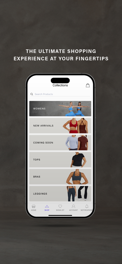Muscle Republic mobile app collections screen showing shopping categories including Womens, New Arrivals, and Leggings
