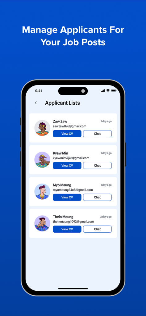Screenshot of the iorUp app displaying a list of job applicants with options to view CVs and chat.