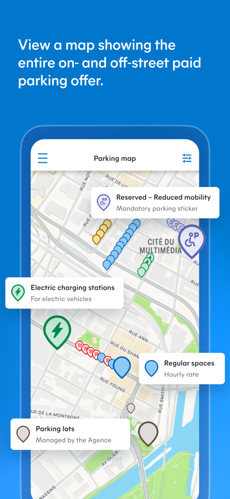 Interactive parking map of Montreal showing electric charging stations and reserved spaces