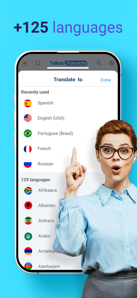 AI Voice Translator Translate - AI Voice Translator app screen showing a list of over 125 languages and a woman pointing