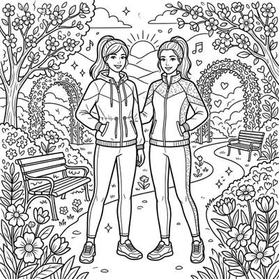 Celebrate the joy of spring with this delightful coloring page featuring two friends in fashionable activewear jackets. Immerse yourself in a vibrant park setting, filled with blooming flowers and the promise of new adventures.
