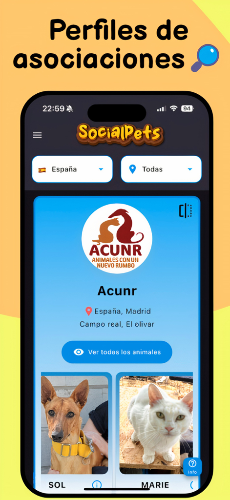 SocialPets-App-Bildschirm, der ein Profil für einen Tierverein mit Fotos eines zur Adoption stehenden Hundes und einer Katze zeigt.