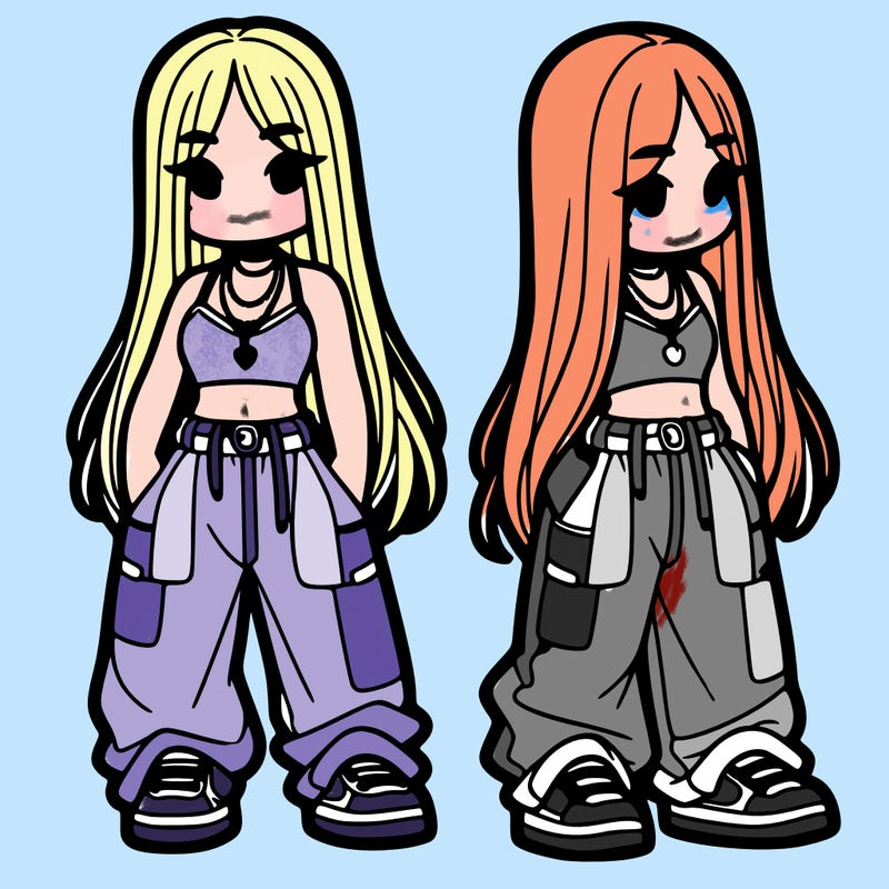 girl in baggy pants crop top and long hair