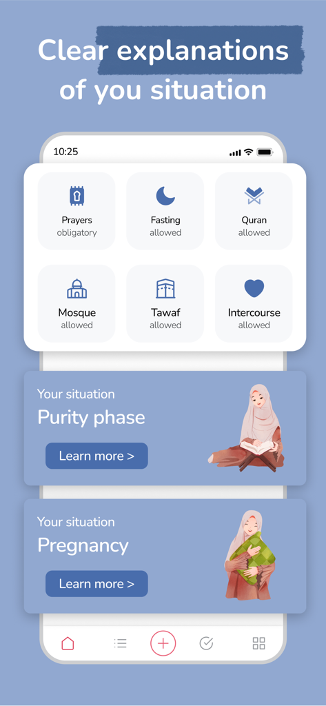 Waliya app interface showing religious activity permissions for purity and pregnancy phases with icons for prayer and fasting.