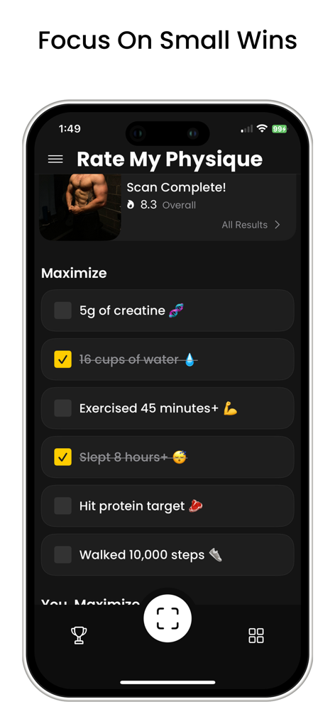 A mobile interface for Rate My Physique showing a daily checklist for fitness habits like water intake and sleep