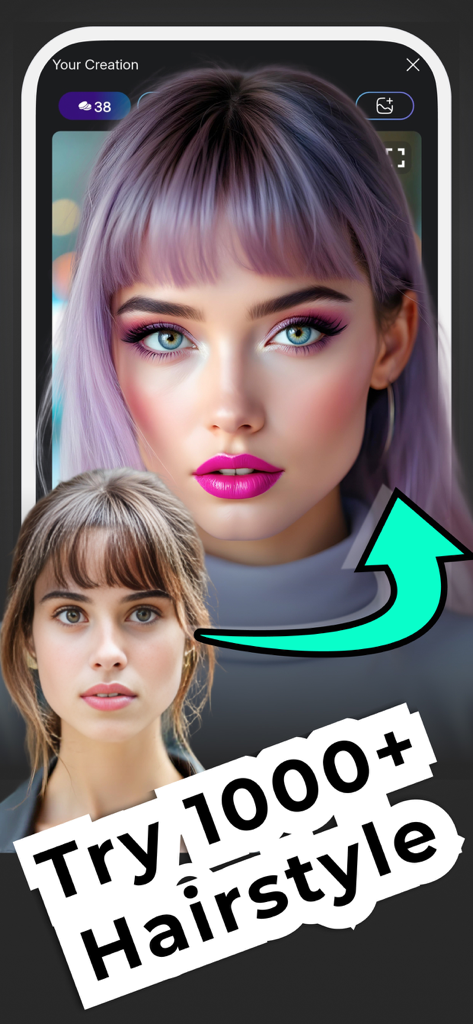 Hair Type: AI Hairstyle Try On - A woman using the NHair app to virtually try on a purple hairstyle with an arrow pointing from the before photo to the AI makeover.