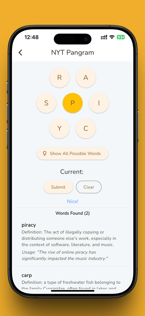 Spelling Bee Spelling Better - A mobile screen from the Spelling Bee Spelling Better app showing the NYT Pangram game with word definitions for piracy and carp.