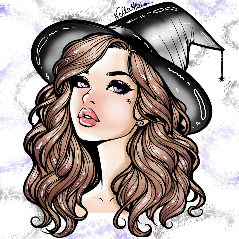 realistic witch girl with wavy hair and lips