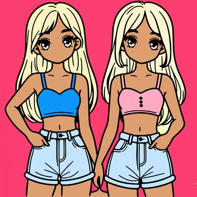 two sisters with crop tops and jean shorts and straight hair