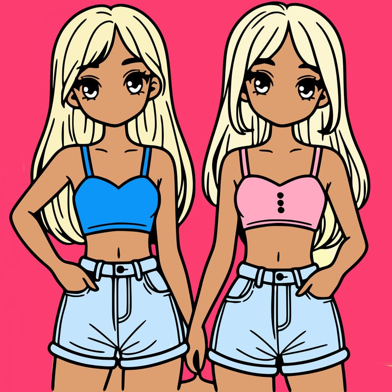 two sisters with crop tops and jean shorts and straight hair