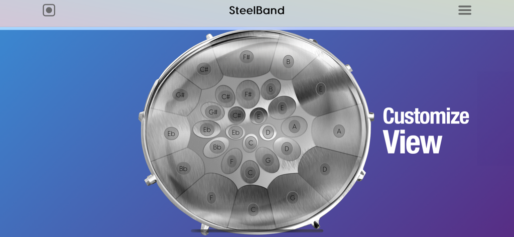 A digital tenor steel pan interface from the Steelband app showing musical note labels and a customize view option
