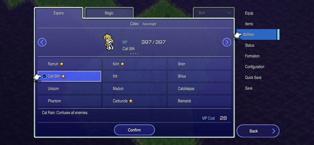 FINAL FANTASY VI - Final Fantasy VI Pixel Remaster Esper-Menü für den Charakter Celes.