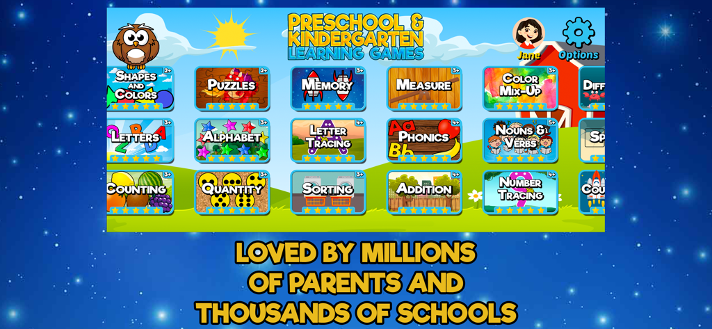 Preschool & Kindergarten (SE) - La pantalla de selección principal del juego de la aplicación educativa Preescolar y Jardín de Infancia que presenta varios módulos de aprendizaje como formas, letras y matemáticas.