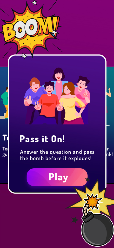 Boom - Fun Party Game - Boom Fun Party Game Pass it On mode with friends illustration and bomb icon