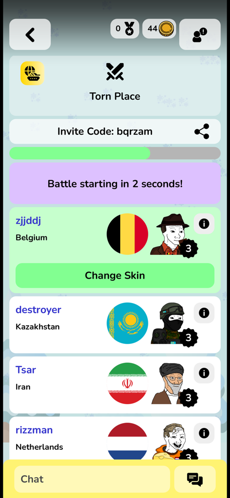 Pantalla de lobby del juego Geofast Battle of Nations que muestra jugadores con banderas de países y una cuenta atrás para la batalla.