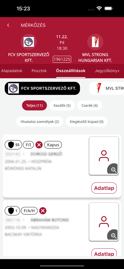MeccsnApp mobile interface showing soccer match details and team lineups for referee administration