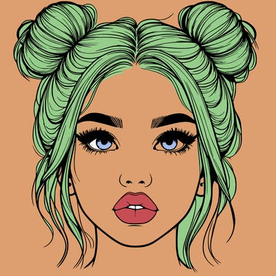 realistic girl with two buns on her hair and lips