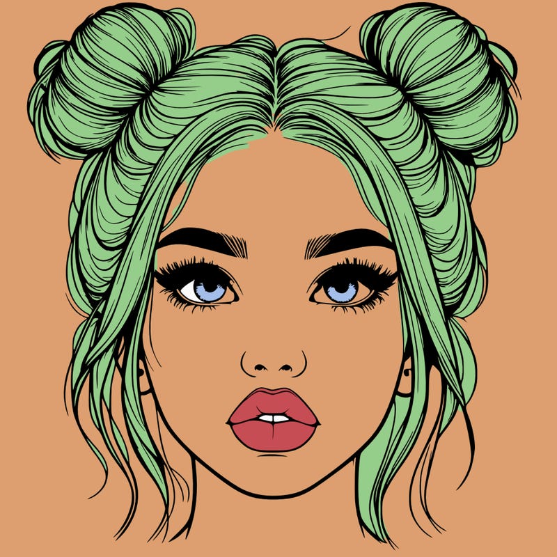 realistic girl with two buns on her hair and lips