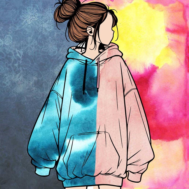 realistic girl with a oversized sweatshirt on and a bun