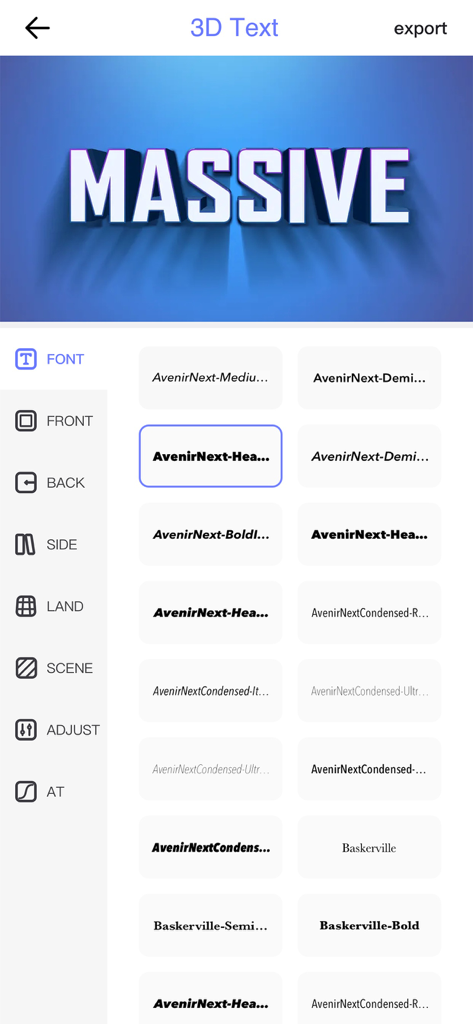 3D Text-AI Art Word Font Maker - 3D text app interface showing various font selection options and a massive 3D word preview
