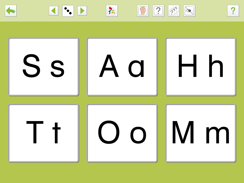 Interfaz de aplicación educativa que muestra seis tarjetas blancas con letras mayúsculas y minúsculas sobre un fondo verde