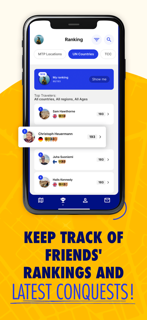 MTP: Most Traveled People - Tabla de clasificación global en la aplicación MTP que muestra las clasificaciones de los mejores viajeros por países de la ONU visitados.